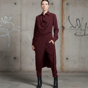 Asymmetric Burgundy  Tunic Top , Avant-Garde Long Sleeve Viscose Shirt