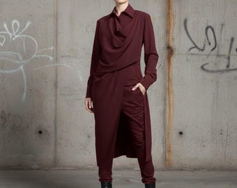 Asymmetric Burgundy  Tunic Top , Avant-Garde Long Sleeve Viscose Shirt