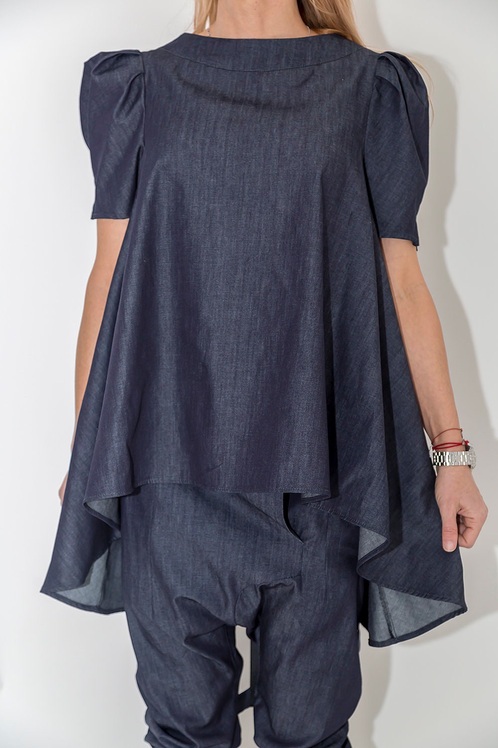 Asymmetric Women Blouse, Denim Blouse, Casual Shirt, Puff Sleeves Top, Designer Top, Women's Clothing, Office Shirt, ConceptBG