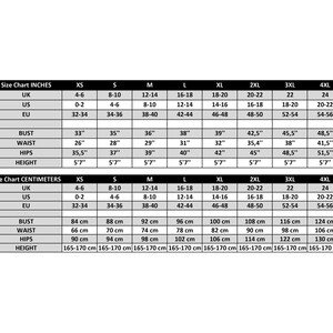 Puede incluir: Tabla de tallas para ropa en pulgadas y cent&iacute;metros. La tabla muestra las tallas XS a 4XL con medidas para Reino Unido, Estados Unidos, UE, busto, cintura, caderas y altura.