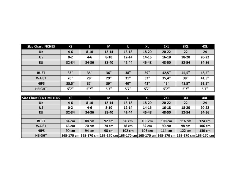 Puede incluir: Tabla de tallas para ropa en pulgadas y cent&iacute;metros. La tabla muestra las tallas XS a 4XL con medidas para Reino Unido, Estados Unidos, UE, busto, cintura, caderas y altura.