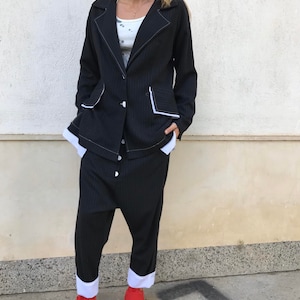 Womens Black Striped Suit Set | Avant Garde Blazer with White Lining and Drop Crotch Pants | Italian Cotton Viscose Fabric Two-Piece Outfit
