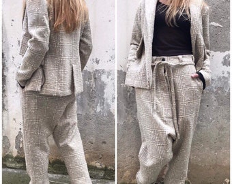 Women's Set, Harem Pants, Designer Blazer, Two Pieces Set, Long Sleeves Blazer, Loose Pants, ConceptBG