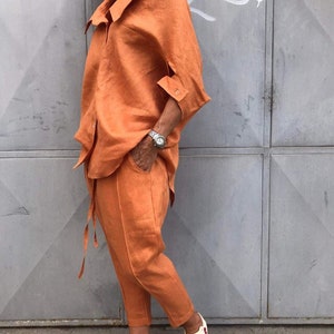 Casual Women Costume, Linen Set, Open Back Shirt, Linen Shirt, Designer Blouse, Relaxed Pants, Beige Pants, ConceptBG , Linen Suit