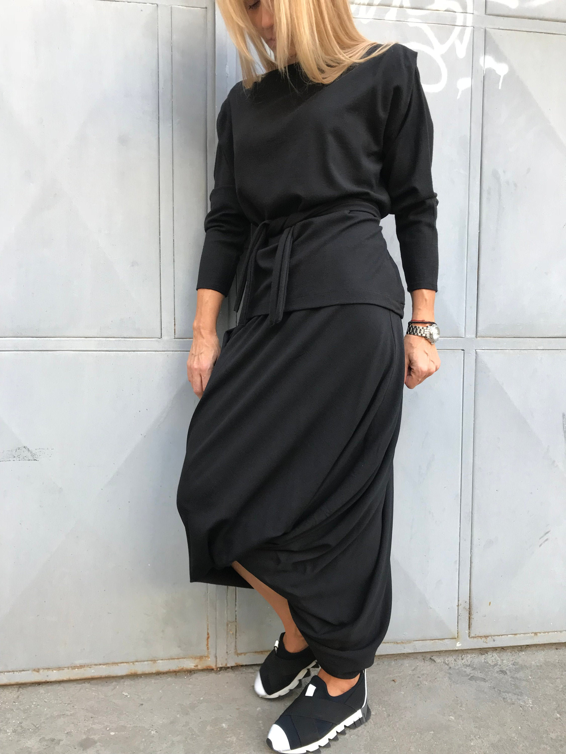 Asymmetric Skirt Set Belted Blouse, Women's Casual Costume