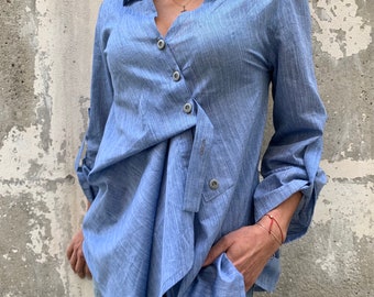 Handmade Asymmetrical Blouse: Blue Draped Cotton Shirt