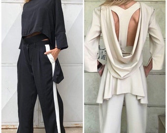 Women Costume, Summer Set, Asymmetric Blouse,  Racer Back Top, Wide-Leg Trousers, Long Sleeves Top, Open Back Blouse, ConceptBG