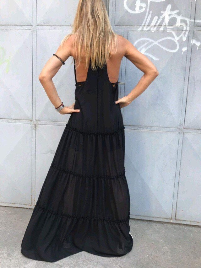 Black French Chiffon Maxi Dress Open Back Viscose Gown