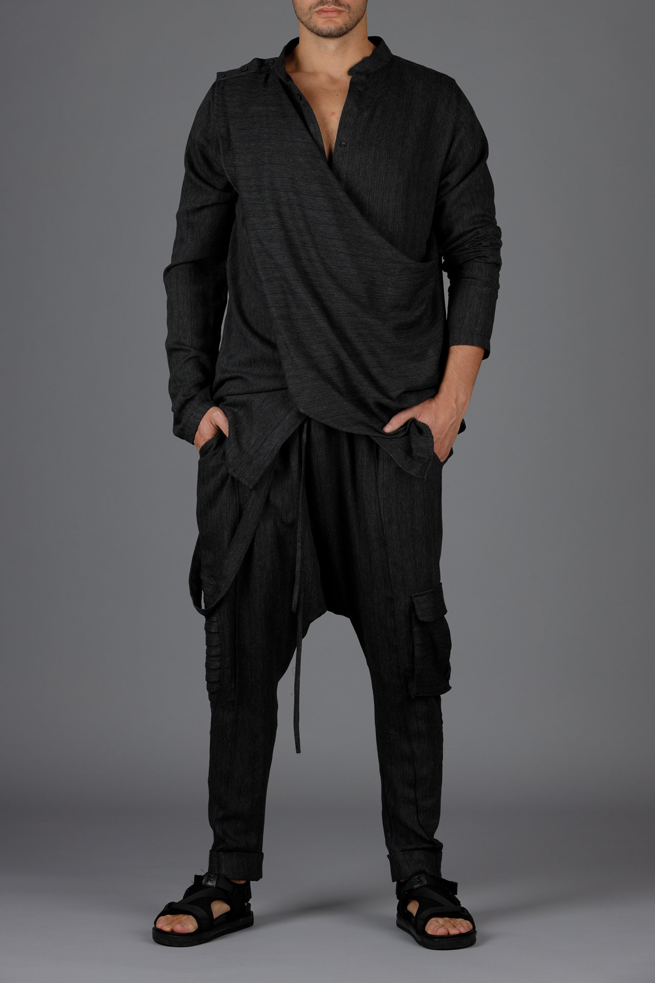 Asymmetric Drop Crotch Pants: Menswear, Cargo Pockets, Italian