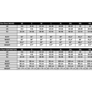 May include: Size chart for clothing in inches and centimeters. The chart shows sizes XS through 4XL with measurements for UK, US, and EU sizes. Measurements are provided for bust, waist, hips, and height.