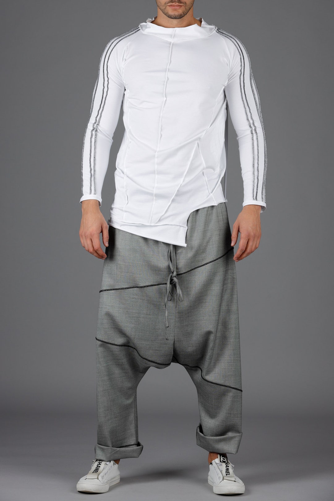 Handmade Gray Wool Blend Drop Crotch Pants: Japanese Style