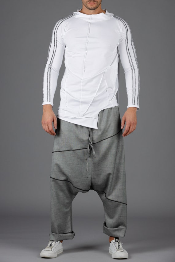 Handmade Gray Wool Blend Drop Crotch Pants: Japanese Style
