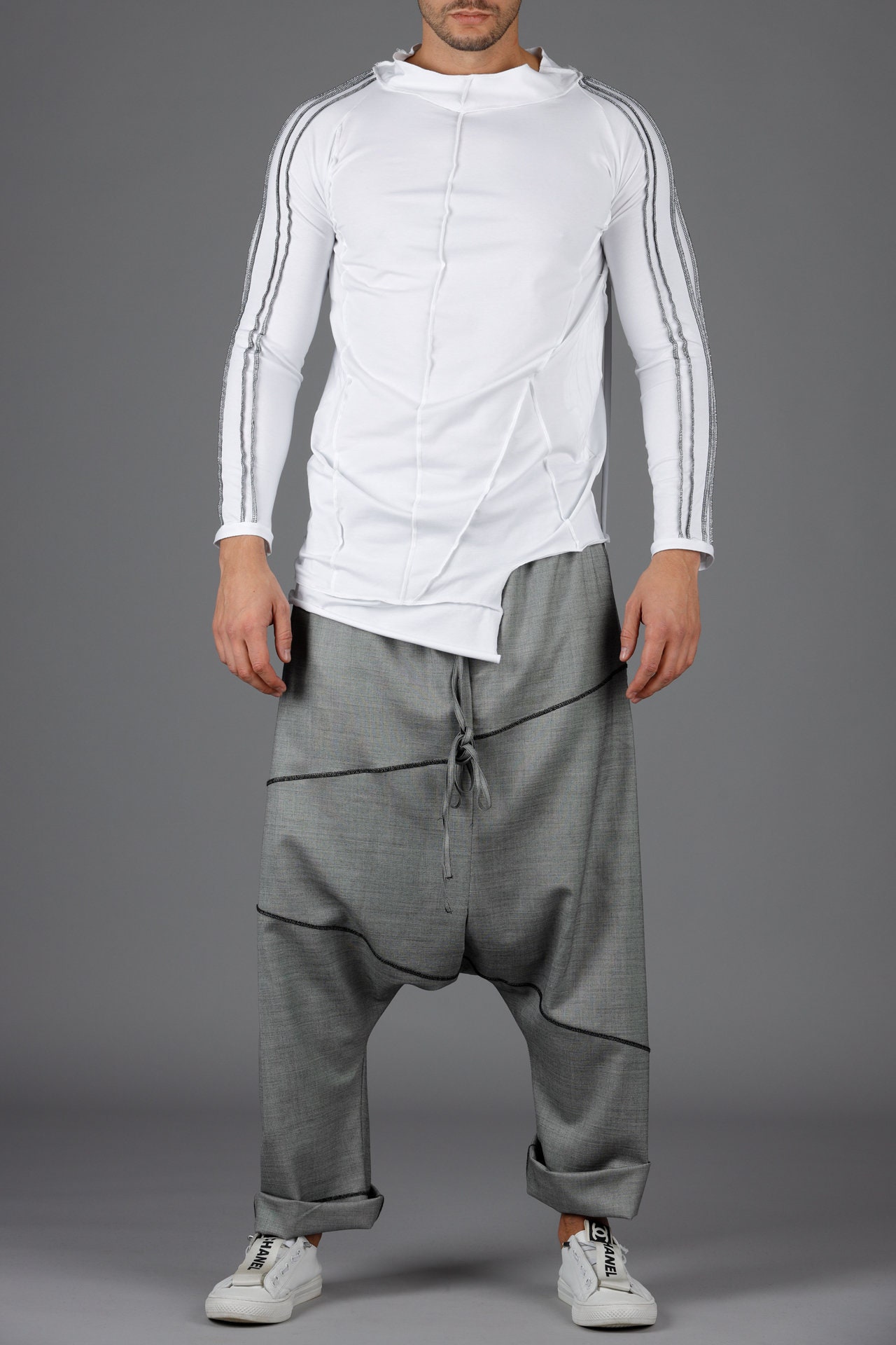 Handmade Gray Wool Blend Drop Crotch Pants: Japanese Style
