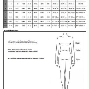 Może przedstawiać: Tabela rozmiar&oacute;w odzieży z wymiarami w calach i centymetrach. Tabela zawiera rozmiary od XS do XXXL, z odpowiadającymi wymiarami biustu, talii, bioder i wzrostu.