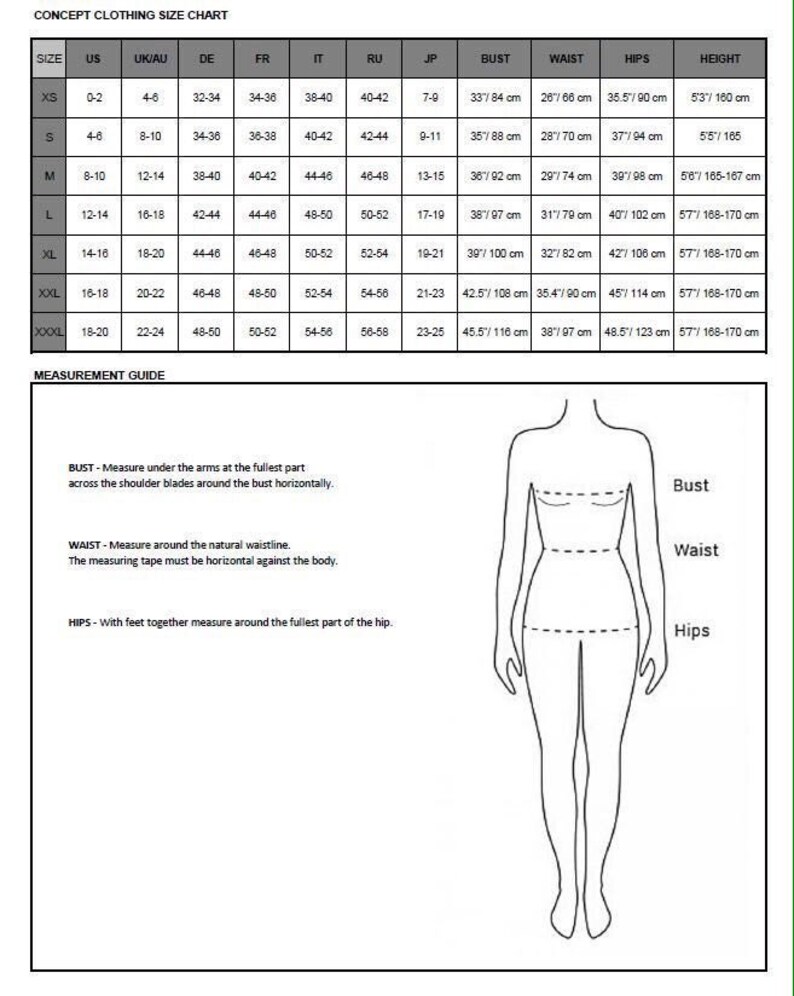 Może przedstawiać: Tabela rozmiar&oacute;w odzieży z wymiarami w calach i centymetrach. Tabela zawiera rozmiary od XS do XXXL, z odpowiadającymi wymiarami biustu, talii, bioder i wzrostu.