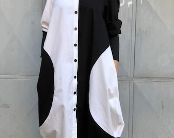 Black and White Cotton Tunic Dress - Yin Yang Style