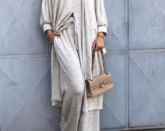 Conjunto de estar por casa de punto beige • Suéter de mezcla de algodón y pantalones anchos
