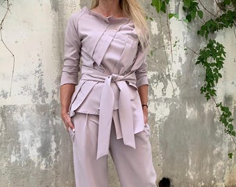 Asymmetrical Cotton Viscose Blouse: Modern Minimalist Top with Belt