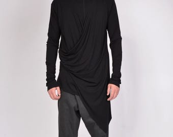 Asymmetric Draped Mens Shirt, Black Gothic Tunic, Darkwear Clothing
