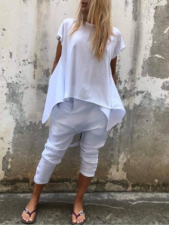 White Cotton Summer Set: Asymmetric Blouse, Harem Pants
