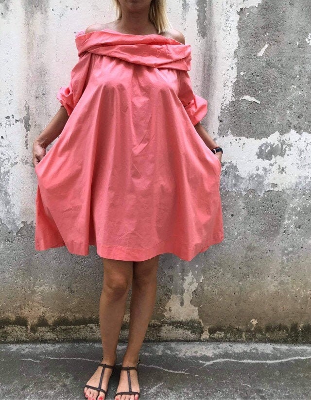 Handmade Cotton Cold Shoulder Dress Loose Midi Tunic/Concepbg