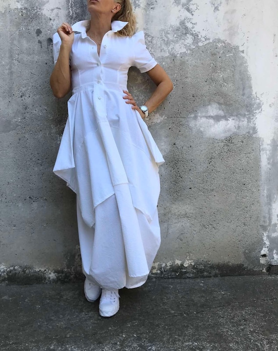 Handmade White Cotton Maxi Dress: Asymmetric Layered Hem, Puffy Sleeves