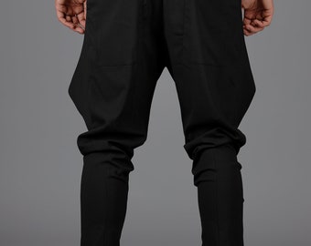 Men's Black Wool Blend Drop Crotch Pants: Japanese Origami Style