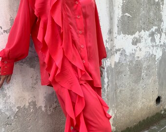 Extravagant Spring Top in Fuchsia with Extravagant Design, Elegant Asymmetric Oversized Shirt with Long Decoration Scarf