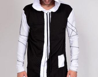 Sudadera con capucha de patchwork en blanco y negro hecha a mano: ropa urbana de algodón