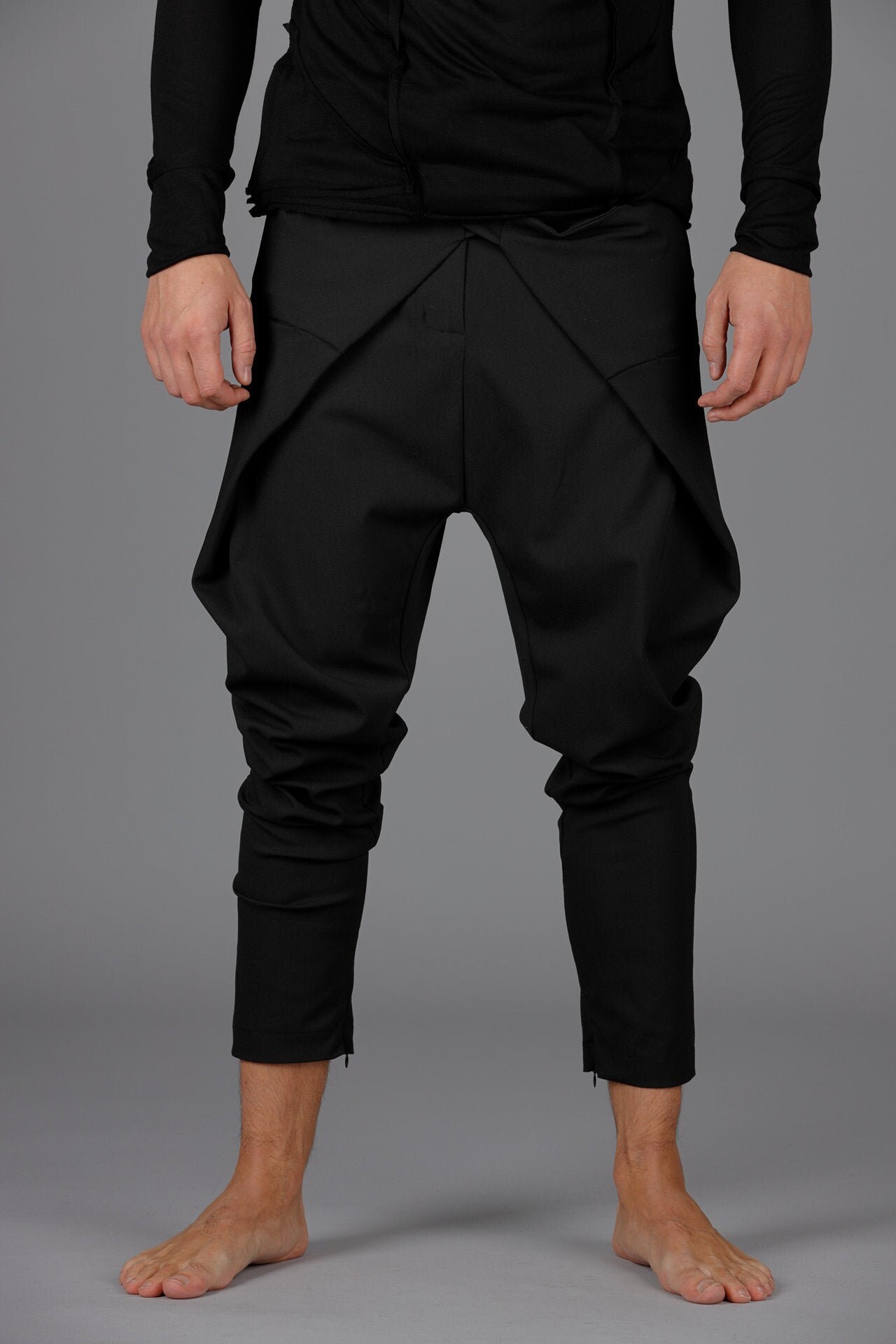 Men's Black Wool Blend Drop Crotch Pants: Japanese Origami Style