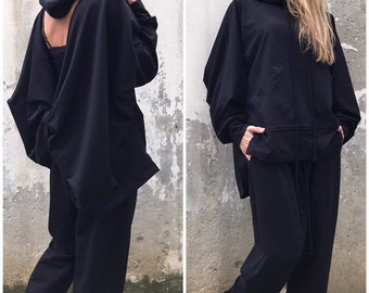 Avant garde set of two - cotton drop crotch pants and open-back hoodie top in black, Organic women's plus size clothing, Slow fashion