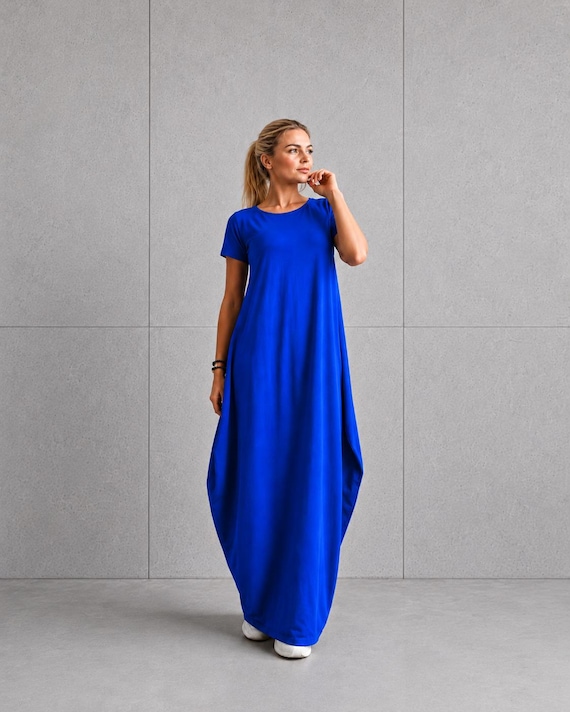 Blue Cotton Jersey Maxi Dress, Oversized Balloon Dress, Maternity Friendly Plus Size