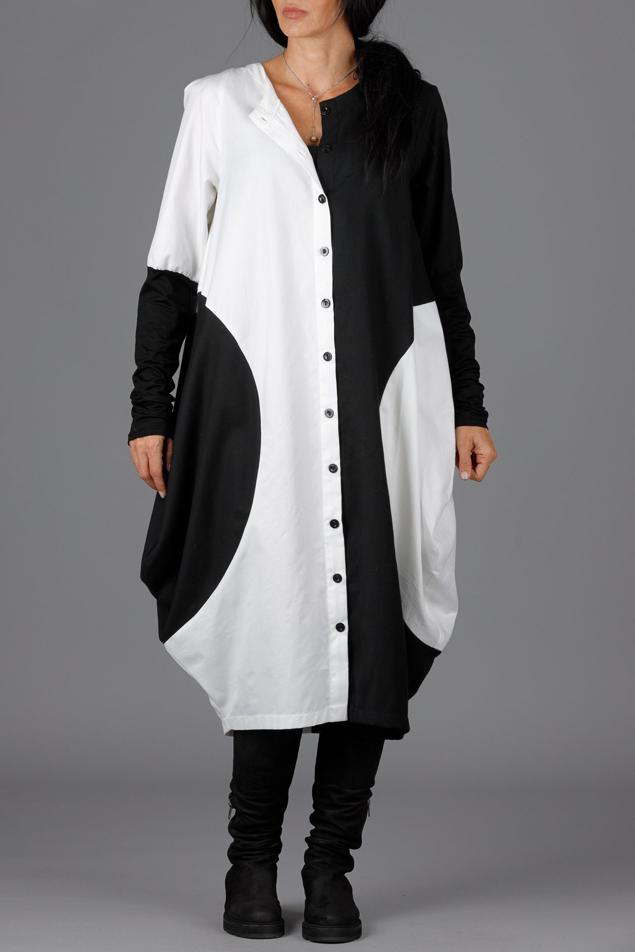 Black & White Asymmetrical Cotton Dress Minimalist Cocktail Design