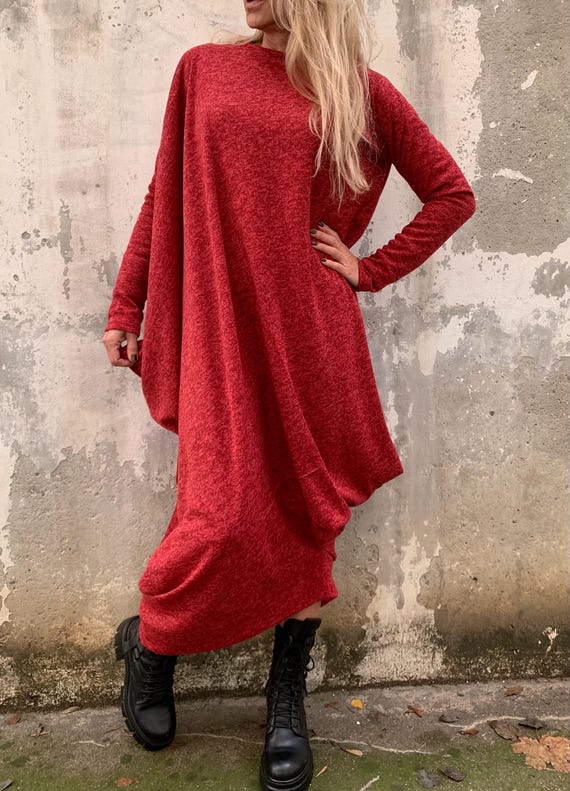 Red Melange Long Dress, Asymmetric Cotton Maxi, Hijab Friendly Outfit