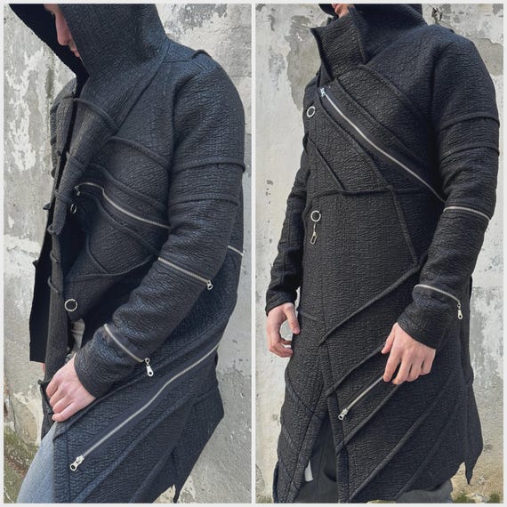 Handmade Wool Cyberpunk Coat: Avant-garde Asymmetrical Faux