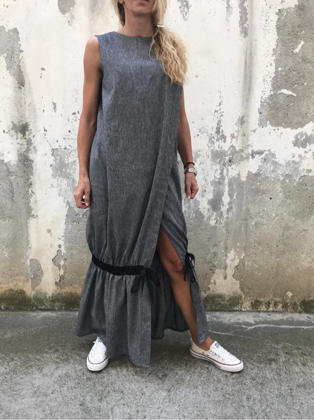 Italian Linen Maxi Dress Sleeveless Long Tunic