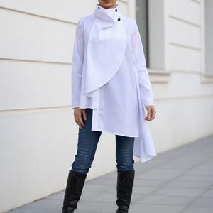 White Cotton Asymmetric Shirt, Oversized Long Collar Blouse, Plus Size Avant Garde Tunic