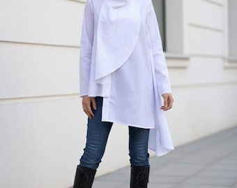 White Cotton Asymmetric Shirt, Oversized Long Collar Blouse, Plus Size Avant Garde Tunic