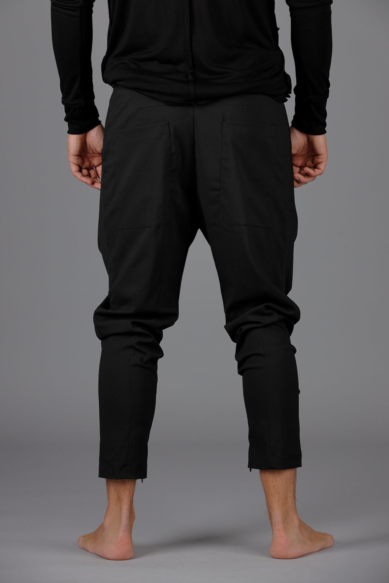 Men's Black Wool Blend Drop Crotch Pants: Japanese Origami Style
