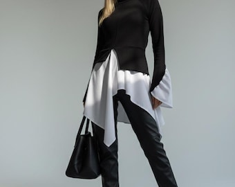 Asymmetric Knit Tunic Top, Layered Cotton, Black & White Layered Long Sleeve Women shirt