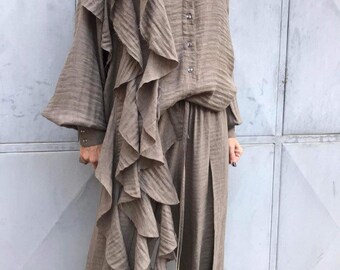 Viscose Women's Set: Asymmetric Ruffle Shirt & Loose Pants