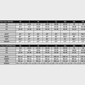 May include: A size chart with measurements in inches and centimeters. The chart includes UK, US, and EU sizes, along with bust, waist, hips, and height measurements. Height is listed as 5'7" or 165-170 cm.