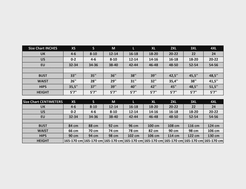 May include: A size chart with measurements in inches and centimeters. The chart includes UK, US, and EU sizes, along with bust, waist, hips, and height measurements. Height is listed as 5'7" or 165-170 cm.