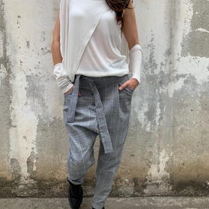 Calças Harem Xadrez: Calças de Algodão Soltas com Gancho Caído