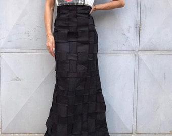 Handmade Black Patchwork Maxi Skirt: High Waist Avant-Garde Clothing