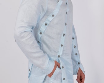 Men's Light Blue Linen Set: Handmade Asymmetrical Shirt & Pants