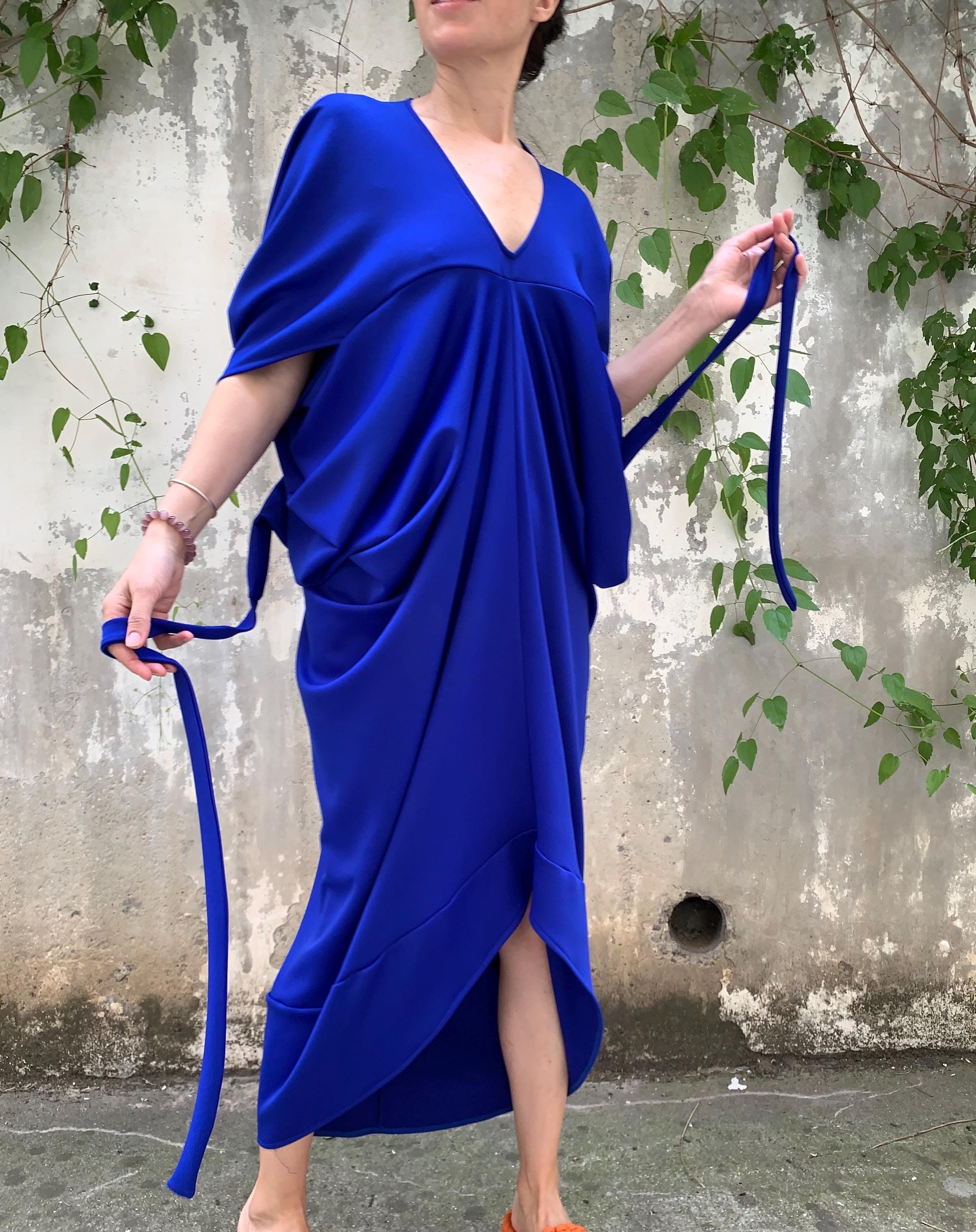 blue jersey knit dress Cotton Dress: Handmade Italian Midi with Waist Ties couture_dress