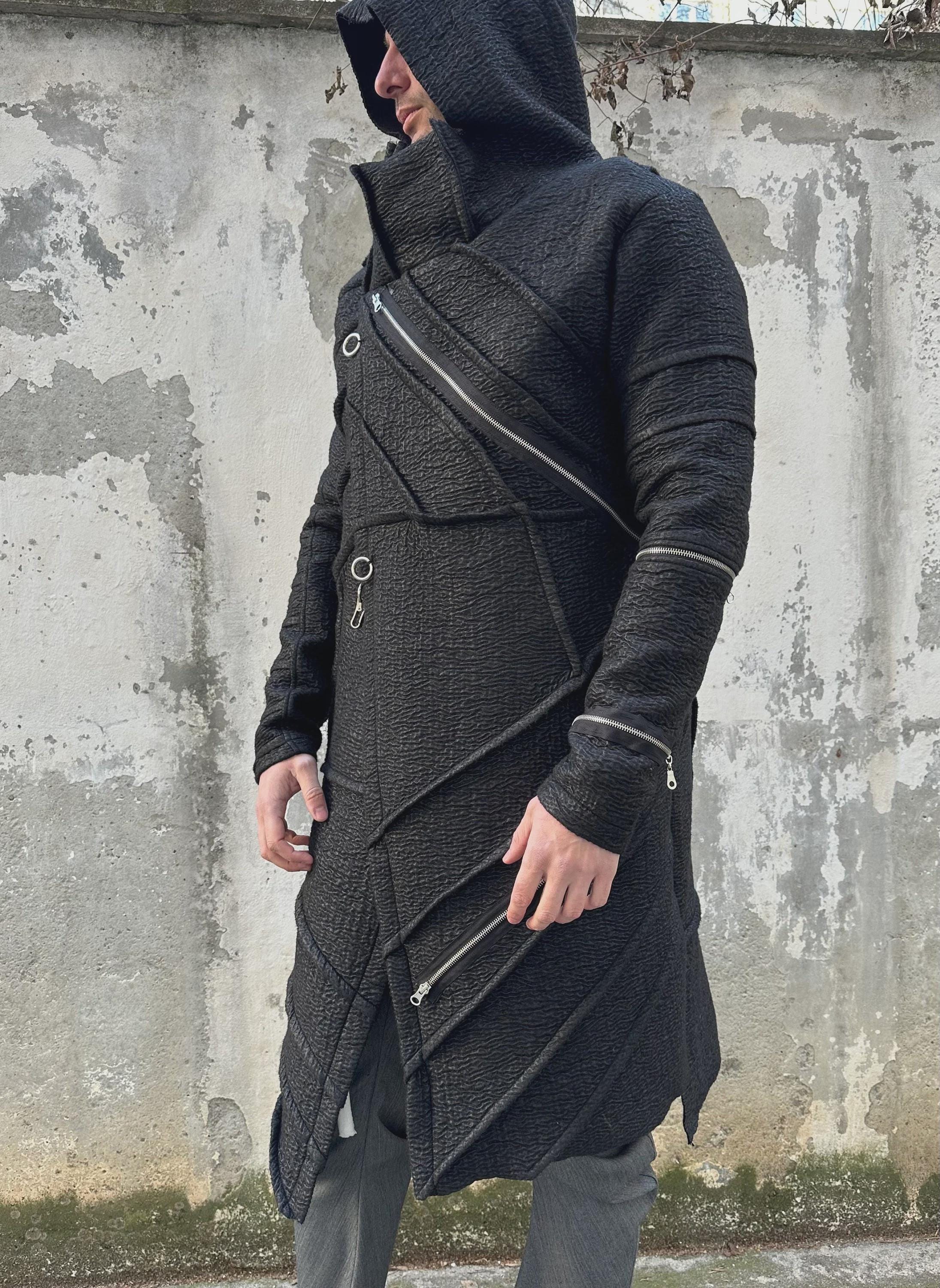 Handmade Wool Cyberpunk Coat: Avant-garde Asymmetrical Faux