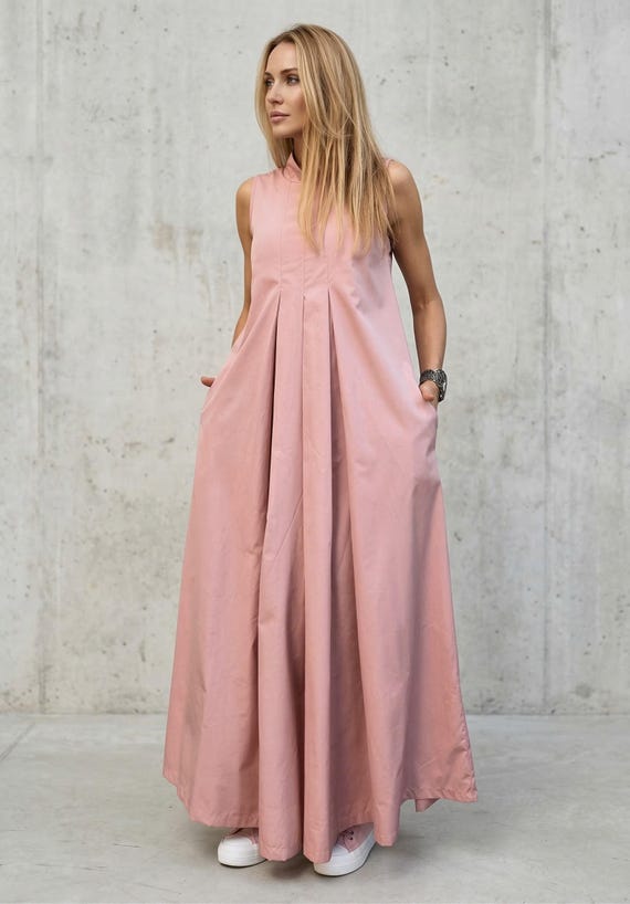 oversized a line dress Cotton Maxi Dress, Sleeveless Mock Neck Pleated A-line Size:1