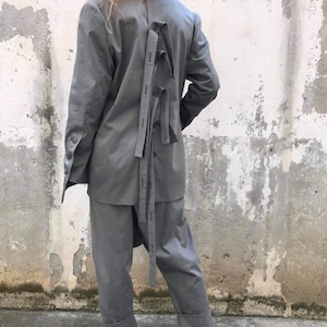 Avant-Garde Women&#39;s Designer Suit – Drop-Crotch Pants & Open-Back Jacket with Straps – Grey Two-Piece Set – Minimalist Streetwear Outfit ,